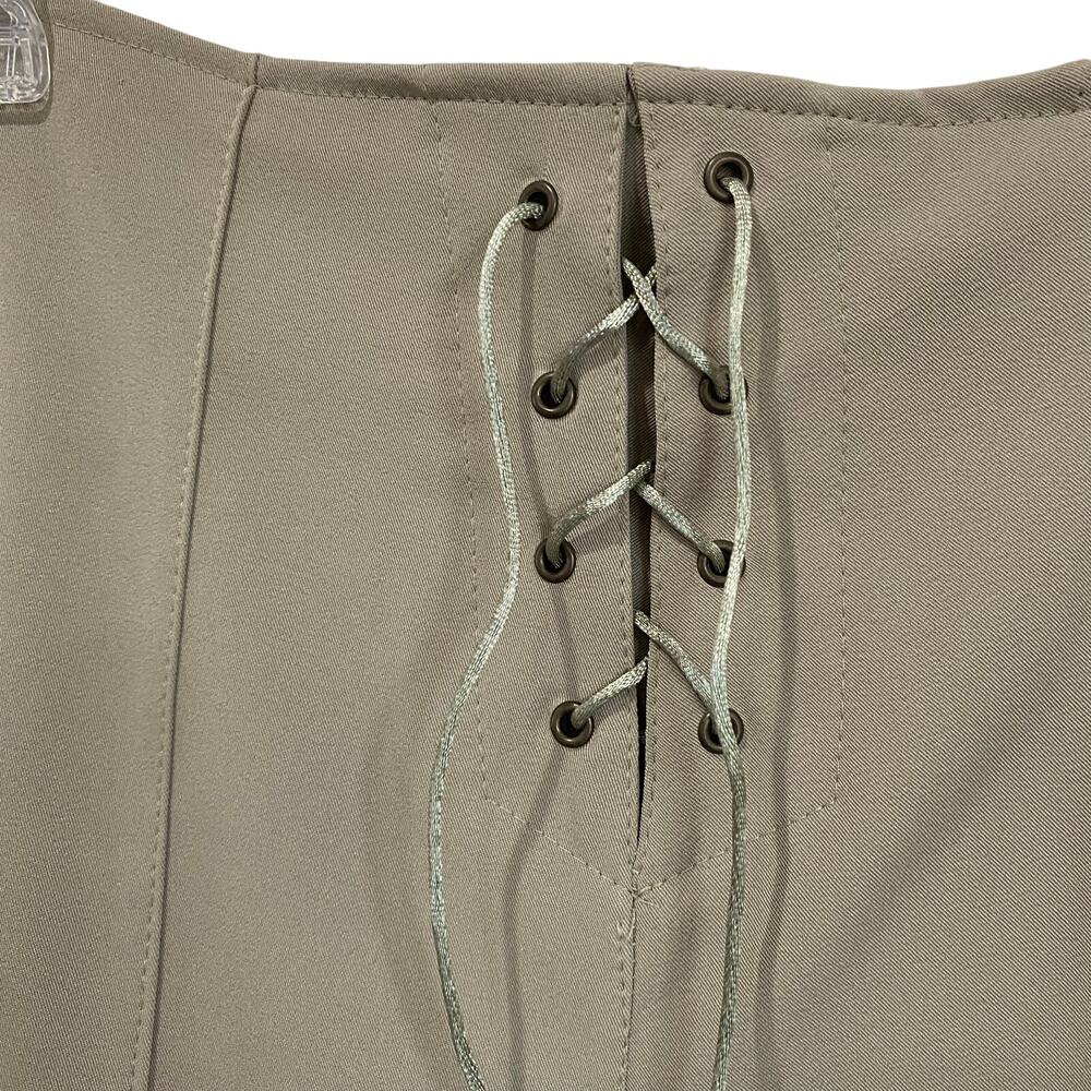 Khaki Fluted Maxi Skirt Lace Up Front Waist Detail FR 42 US M Boho Flowy - Picture 3 of 9